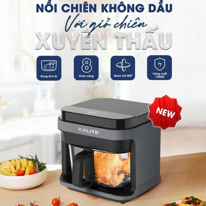 Nồi Chiên Không Dầu Kalite KL6000 Mẫu 2023 Nhỏ Gọn Sang Trong Dung Tích 6 Lít Công Suất 1250 W - Hàng Chính Hãng