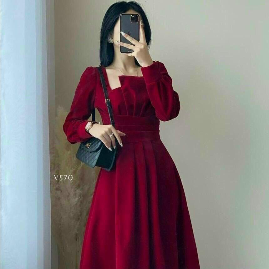 Đầm đỏ xoè tiểu thư xếp ly cách điệu tay dài