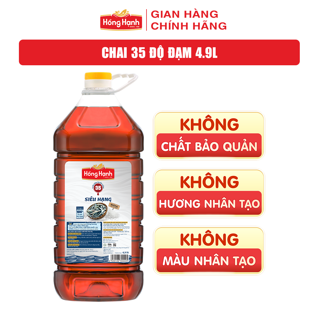 Nước mắm truyền thống Phú Quốc Hồng Hạnh Siêu Hạng 35 độ đạm dung tích 4,9 lít - Chấm, kho đúng điệu.