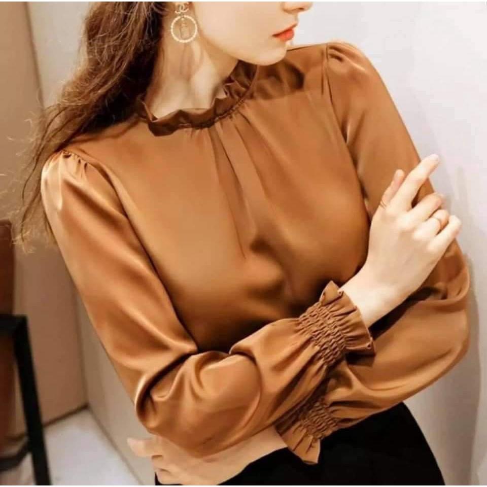 Áo Sơ Mi Nữ công sở thời trang SURI lụa satin màu cam nhún cổ,nhún tay mềm mịn mát không nhăn.
