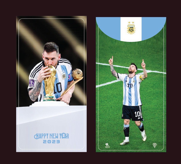 Combo 10 Bao Lì Xì Năm Mới 2023 (HÌNH CẦU THỦ MESSI NÂNG CÚP VÀNG - M10) 8X16cm - ĐẸP - Ý NGHĨA