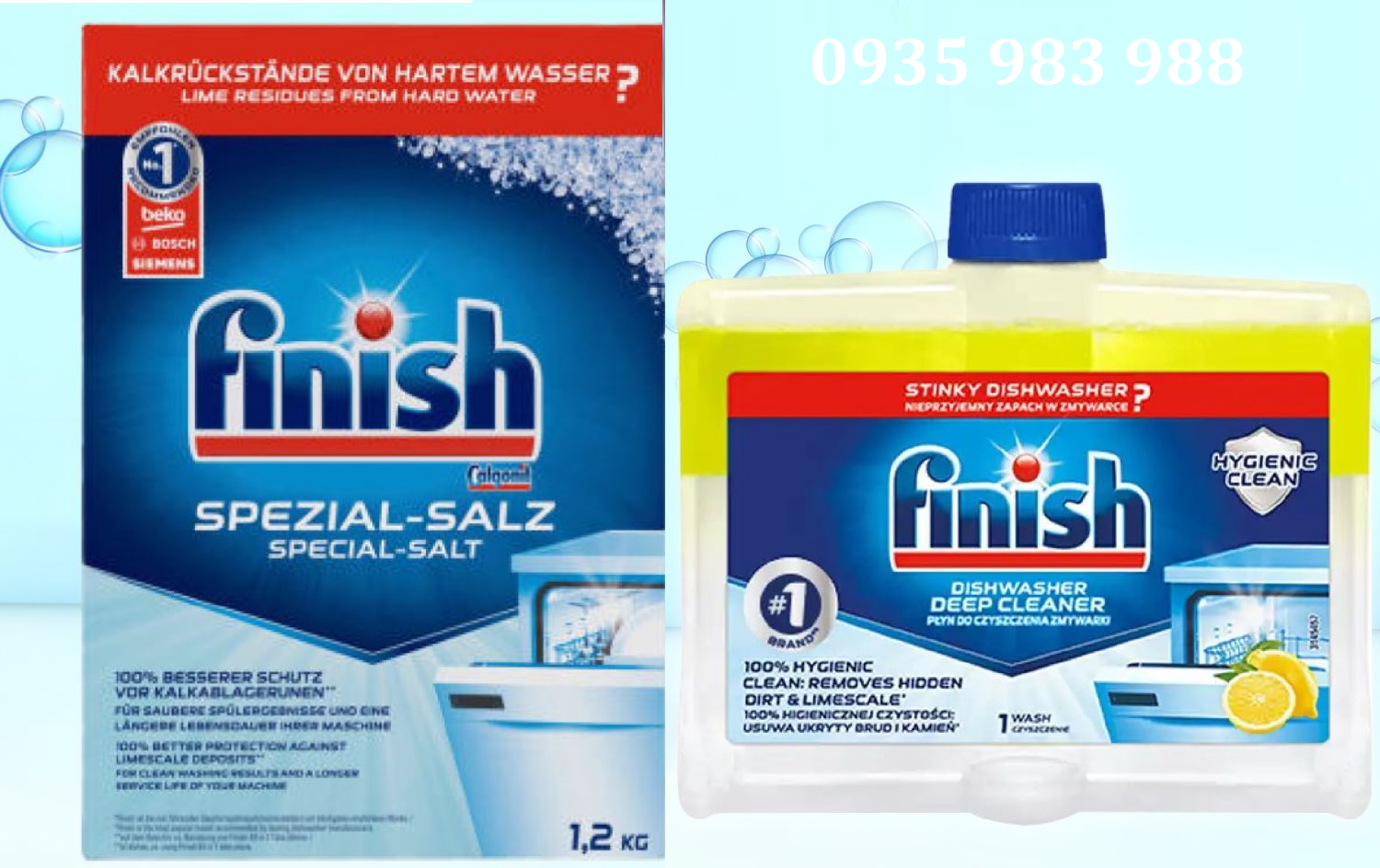 Hộp 1,2kg muối rửa bát Finish + Chai 250ml dung dịch vệ sinh máy rửa bát Finish