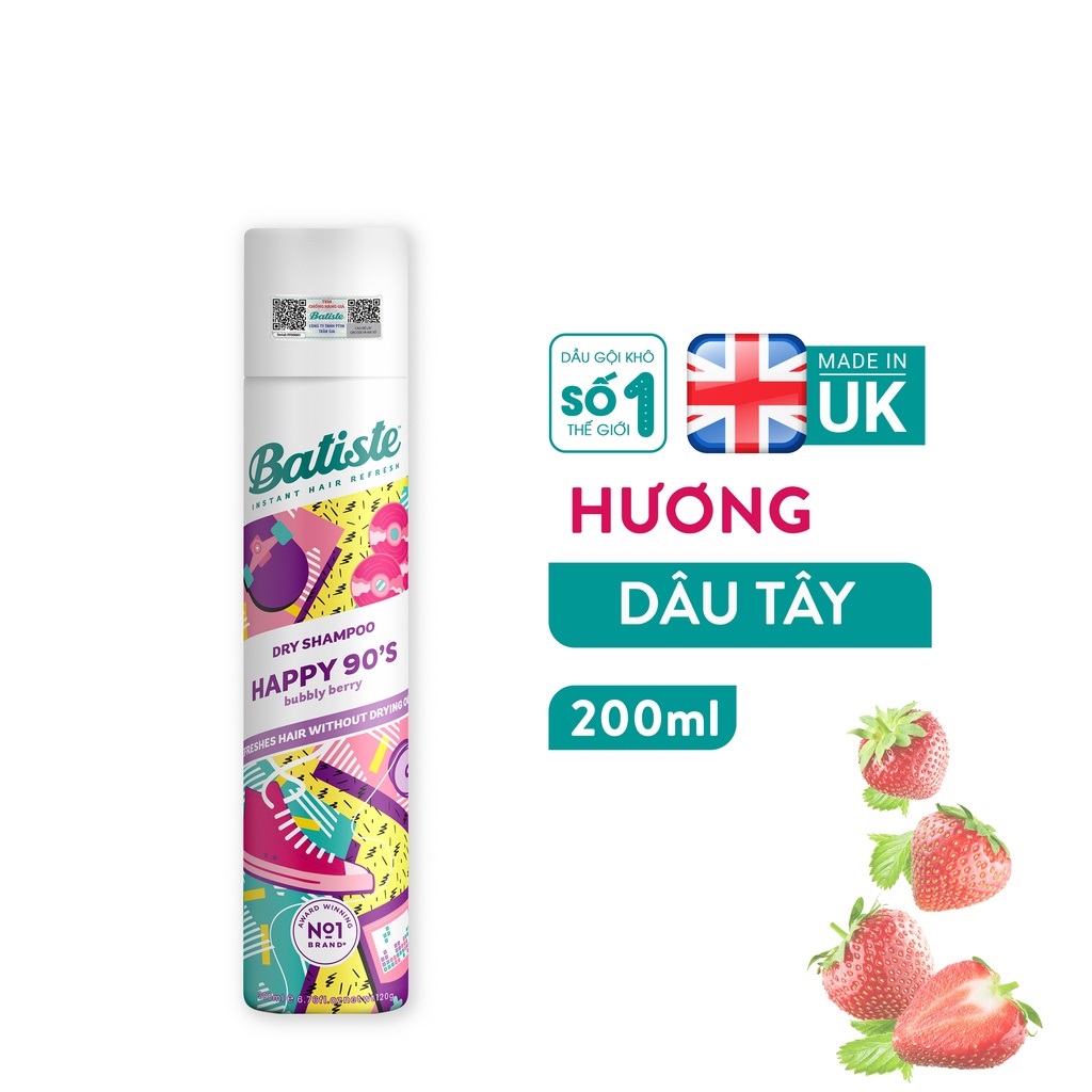 Dầu Gội Khô Batiste Hương Dâu Tây - Batiste Dry Shampoo Happy 90's Bubbly Berry 200ml