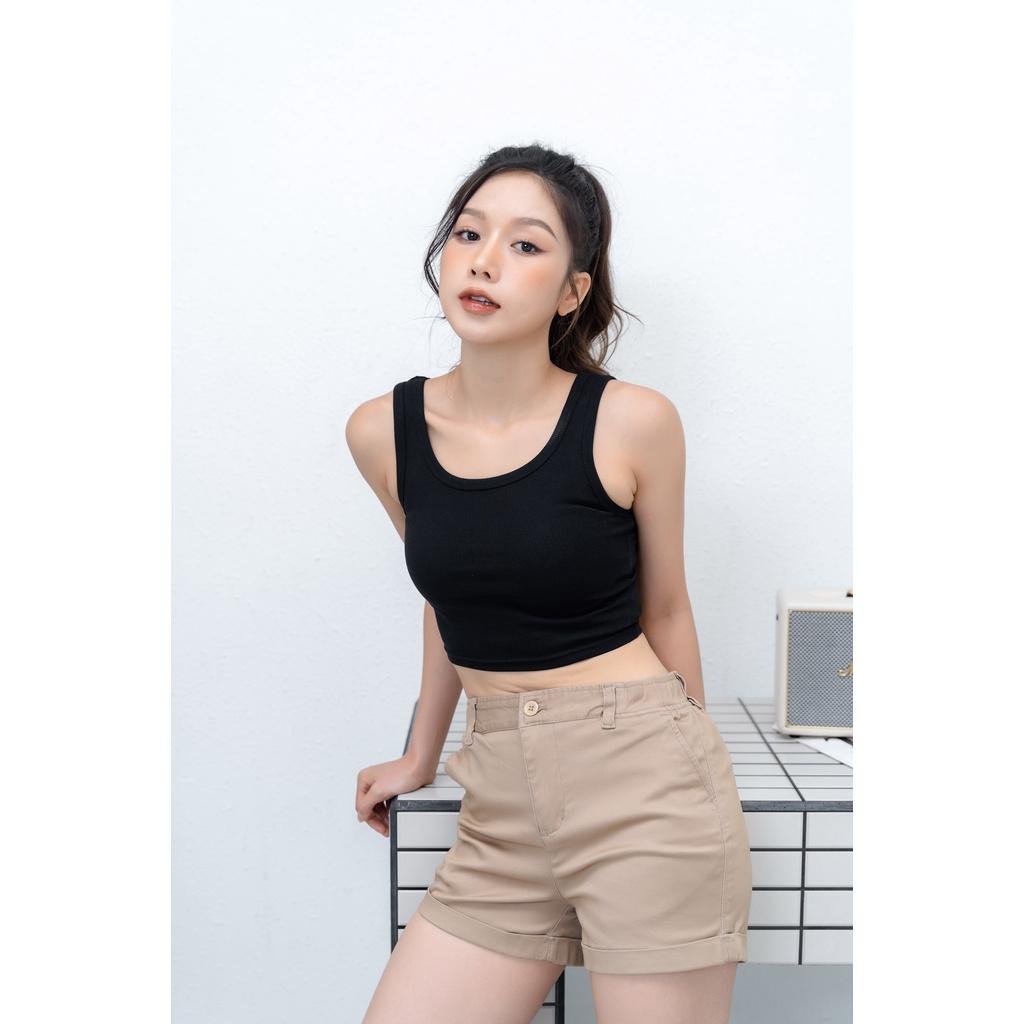 Quần short kaki nữ lưng thun BLOSS - Vải cotton kaki nhung mịn, co giãn phong cách Hàn Quốc GINE STORE