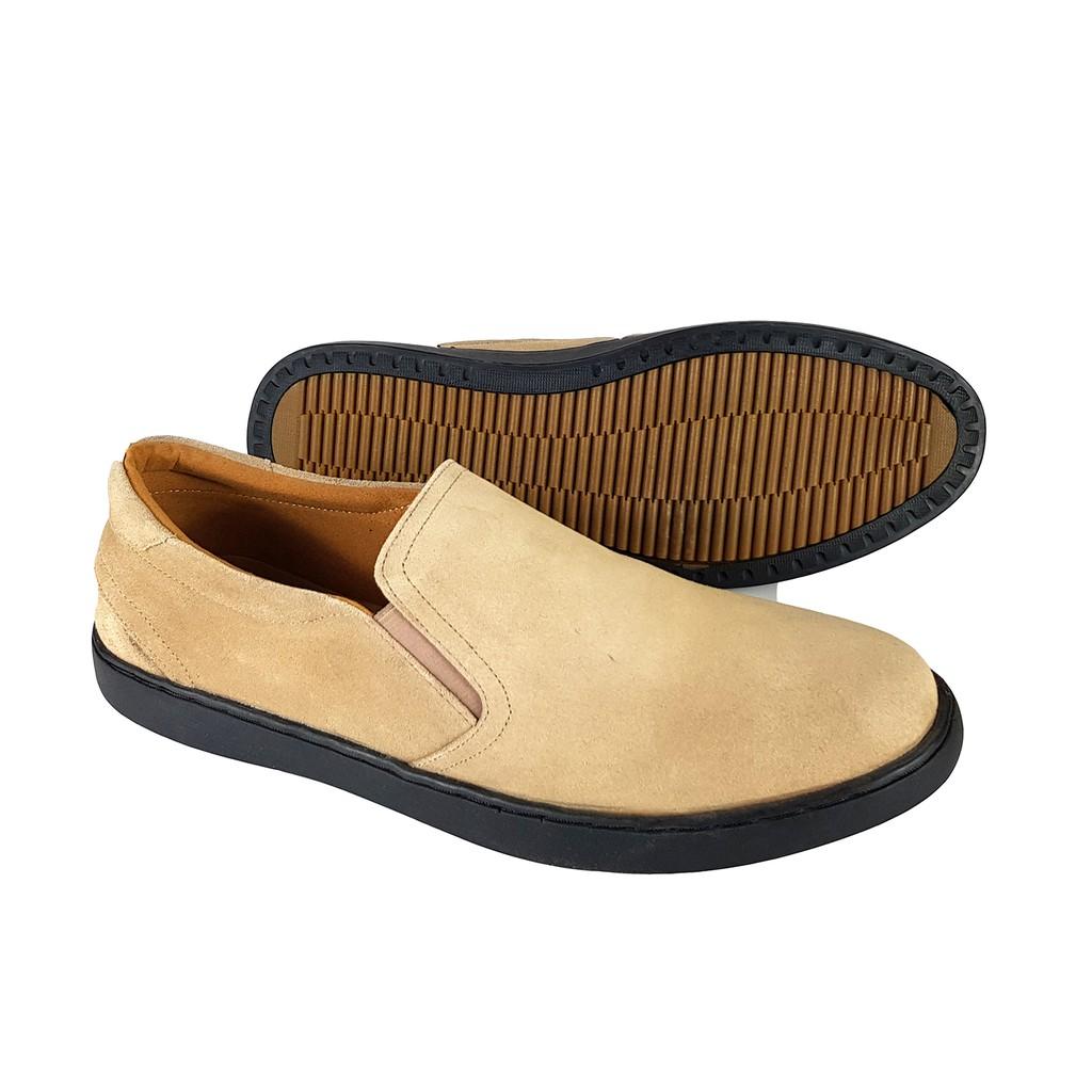Giày lười giày nam da bò BẢO HÀNH 1 NĂM Giày da lộn nguyên tấm Giày Slip on da bò đế bệt S-22 màu đen và xám