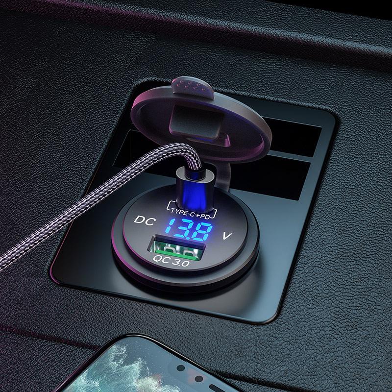 Type C mới C PD & QC3.0 Công suất bộ sạc xe hơi USB với LED Voltmeter Bộ chuyển đổi ổ cắm bộ sạc nhanh cho xe máy xe máy