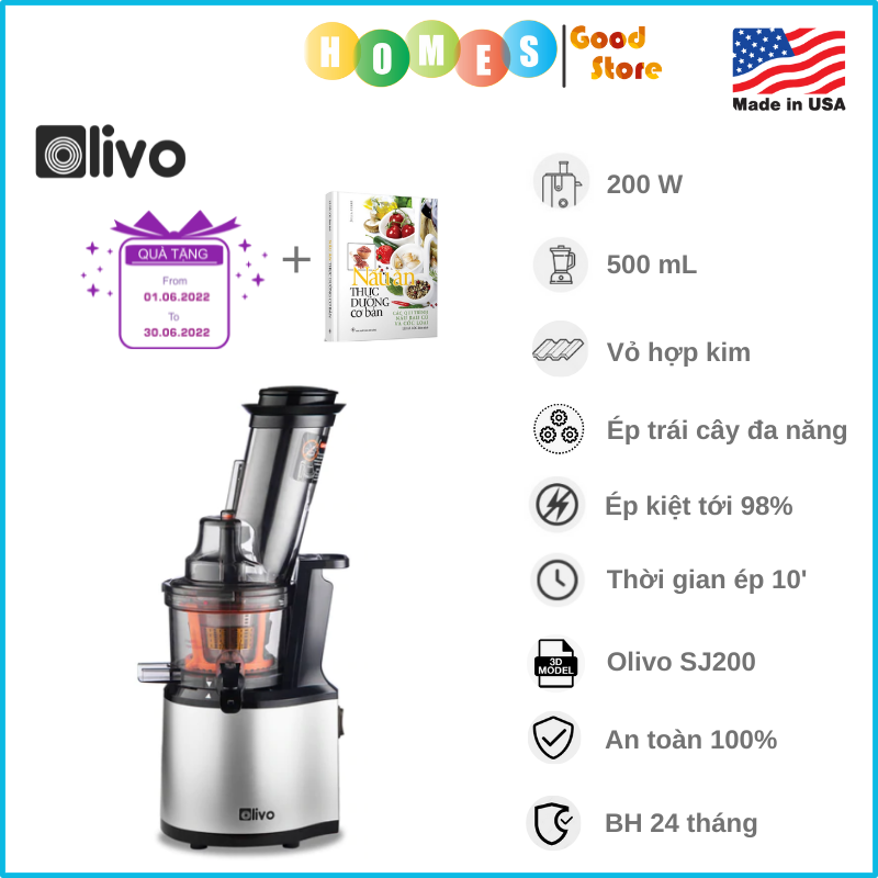 Máy Ép Chậm OLIVO SJ200 Thương Hiệu Mỹ Dung Tích 0.5L Công Suất 200W, Vỏ Hợp Kim - Hàng Chính Hãng