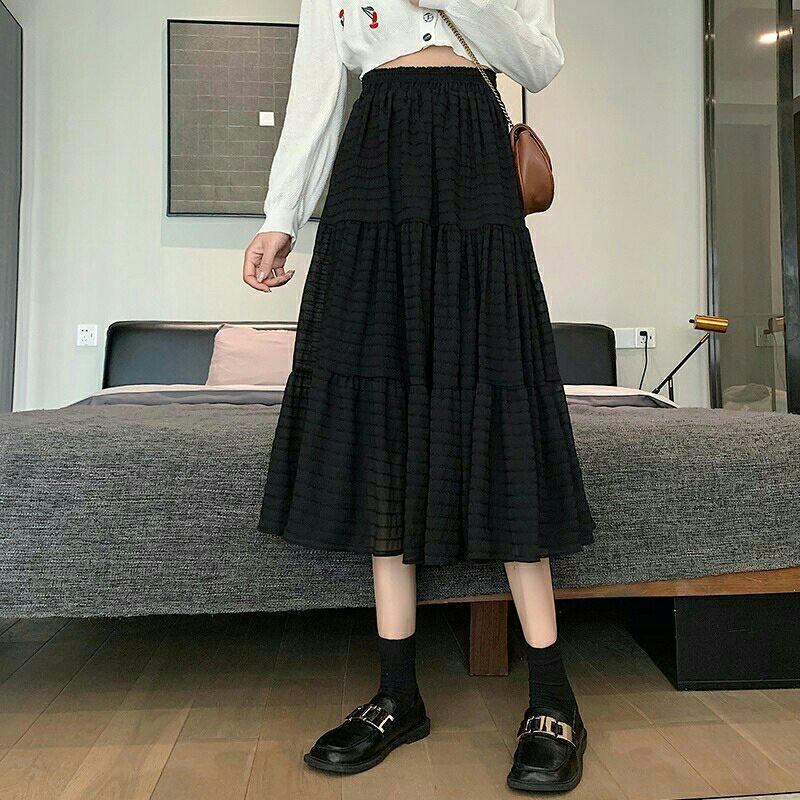 CHÂN VÁY MIDI CHÂN VÁY XOÈ XẾP LY MÀU ĐEN