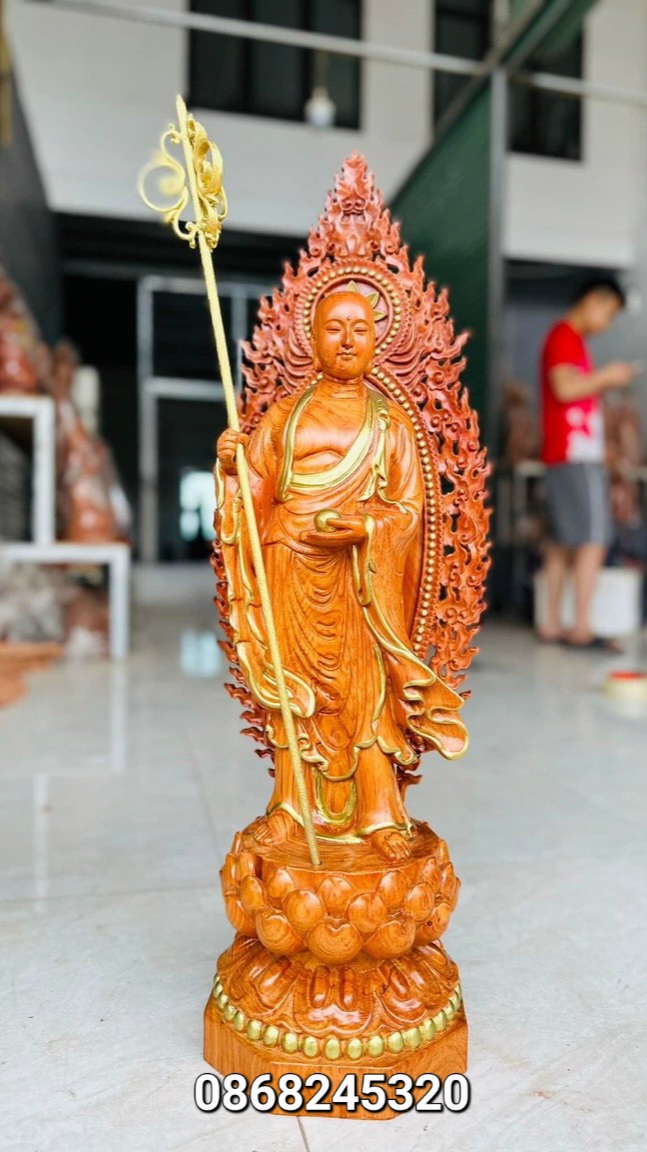 Tượng phật địa tạng vương bồ tát bằng gỗ hương đá kt cao 60×22×22cm+ lá chắn hào quang cao tổng 70cm