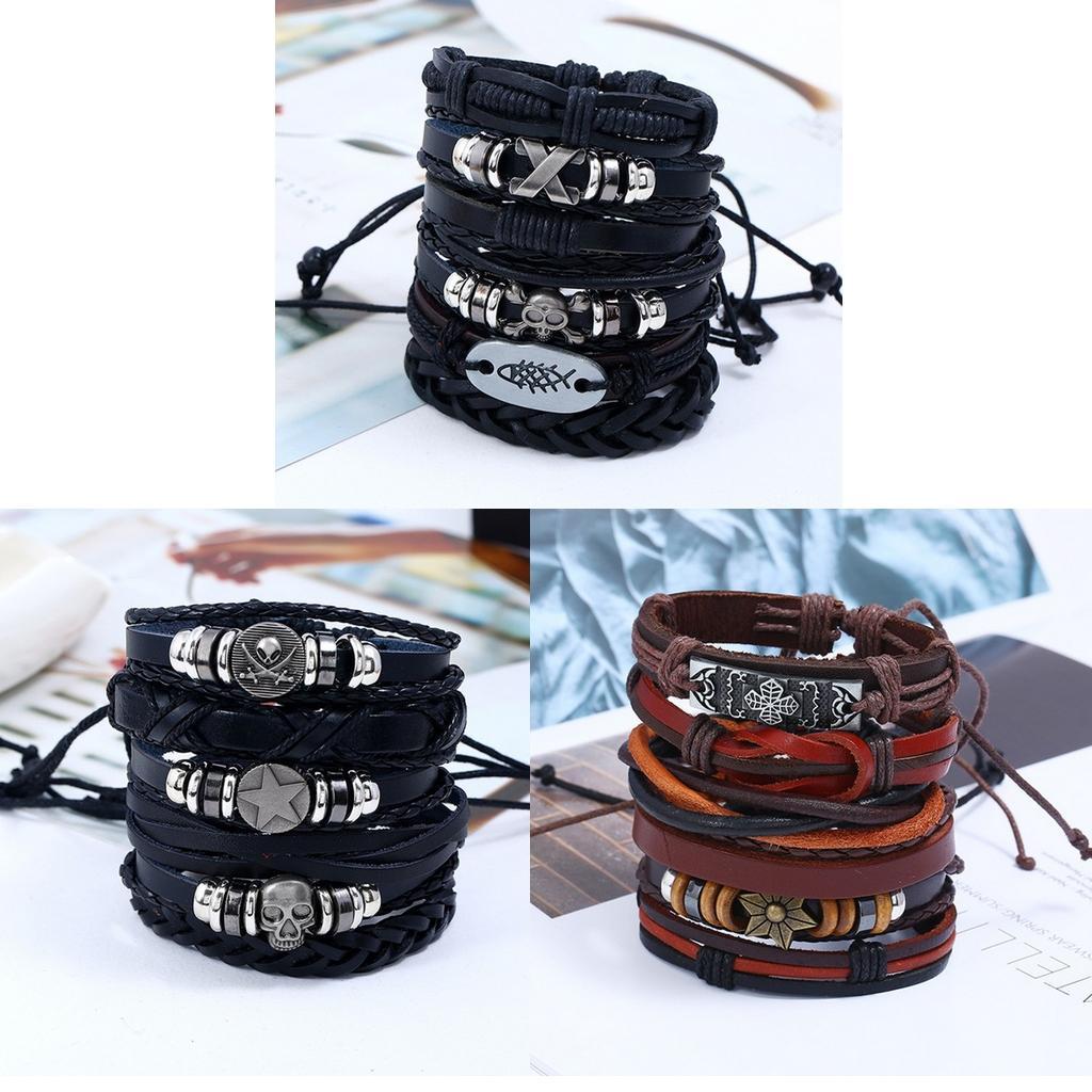 6 Pieces Leather Bracelet Braided Wristband Mens Punk Jewelry Skull