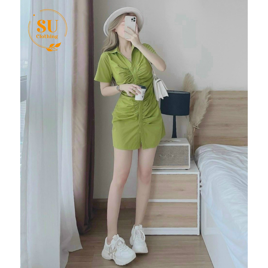 Đầm sơ mi form dài nhún gài nút Su Clothing Freesize &lt; 53kg