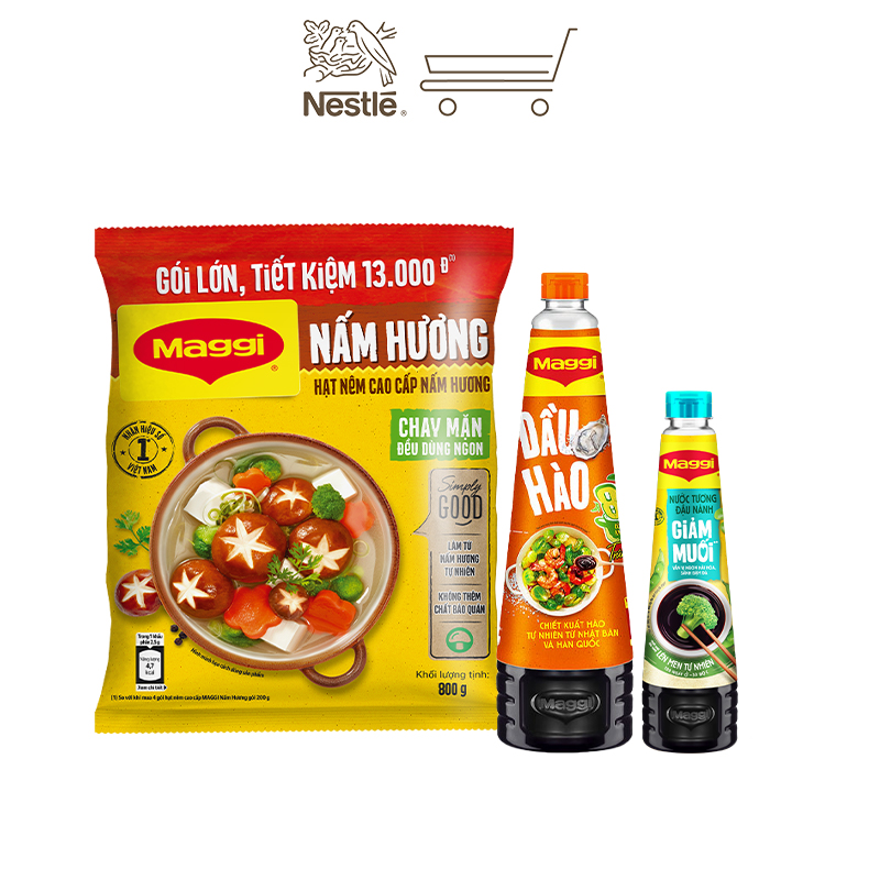 Combo MAGGI THANH DỊU 2: 1 Chai nước tương đậu nành Giảm Muối 300ml + 1 Chai dầu hào 820g + 1 Gói hạt nêm cao cấp Nấm Hương 800g