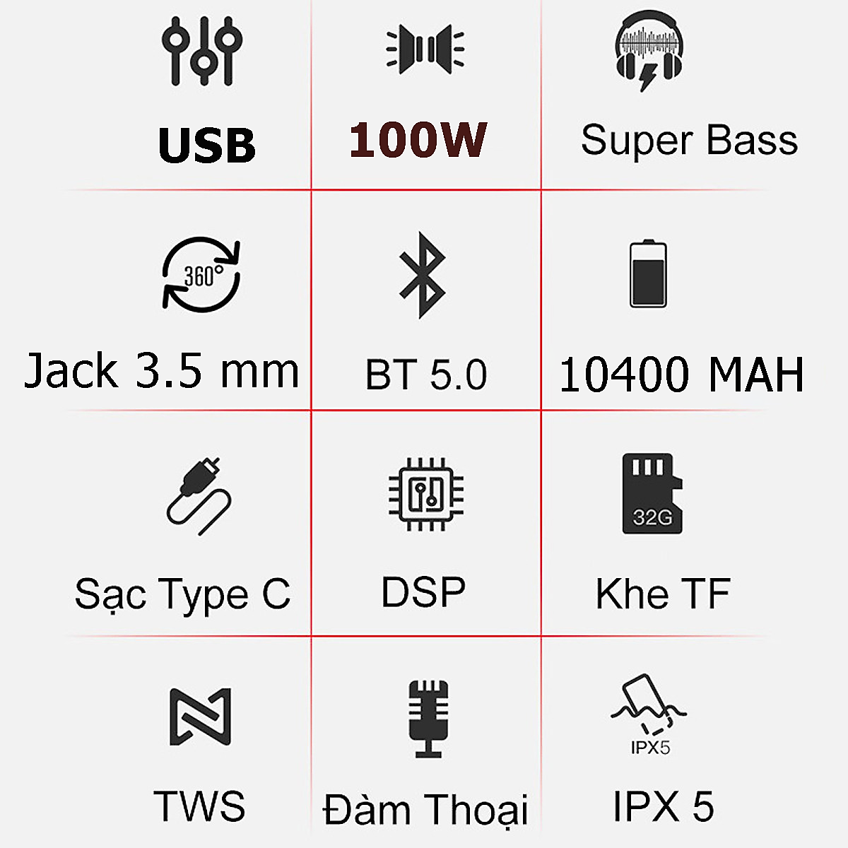 Loa Bluetooth nghe nhạc không dây 100W công suất lớn Super Bass có cổng usb, thẻ nhớ, line 3.5mm pin 10400MAH sạc Type C Chip DSP TWS lên 200W cao cấp Hàng Chính Hãng PKCB