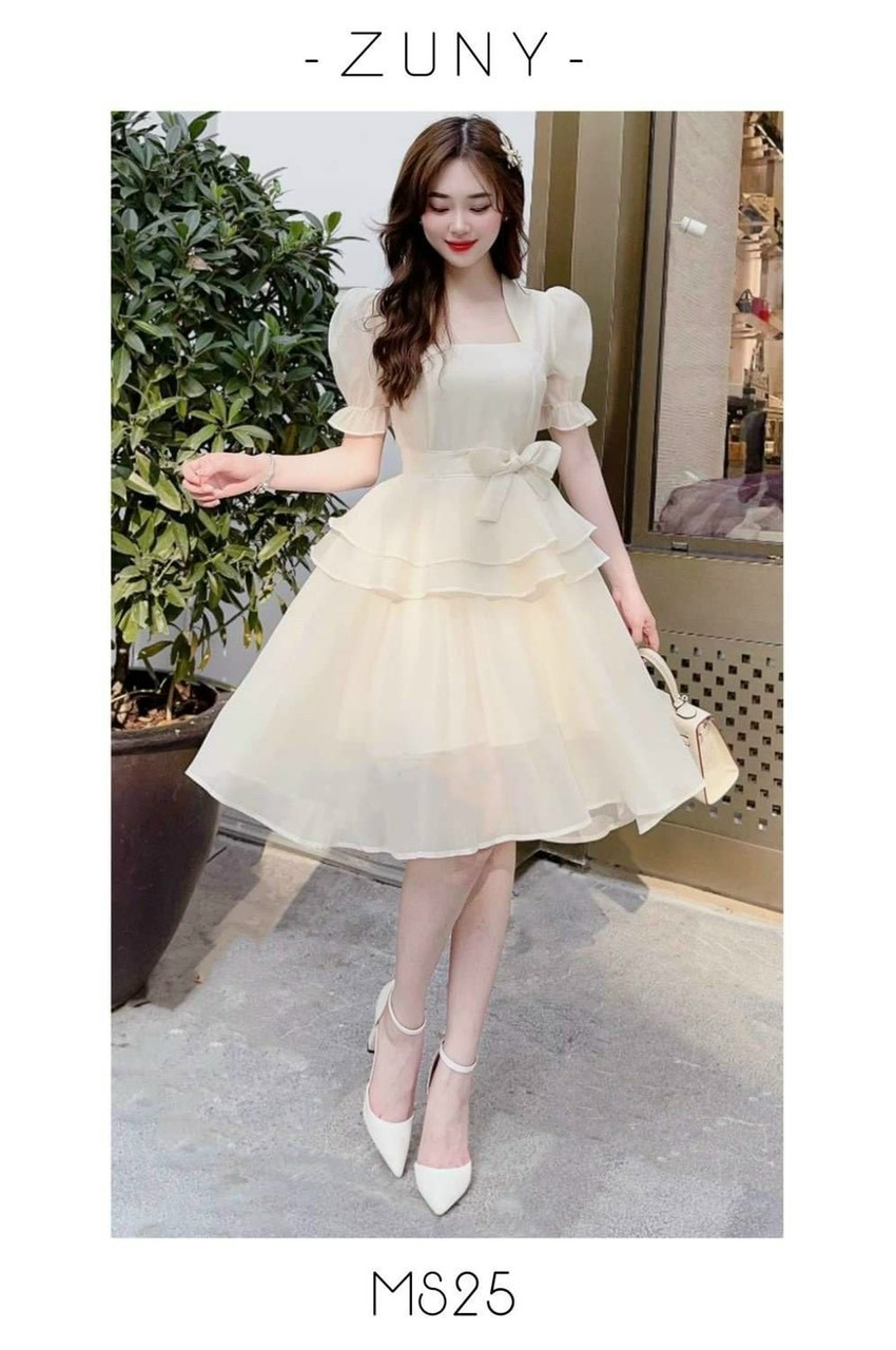 Đầm Xòe Tay Phồng Xếp Tầng Dễ Thương