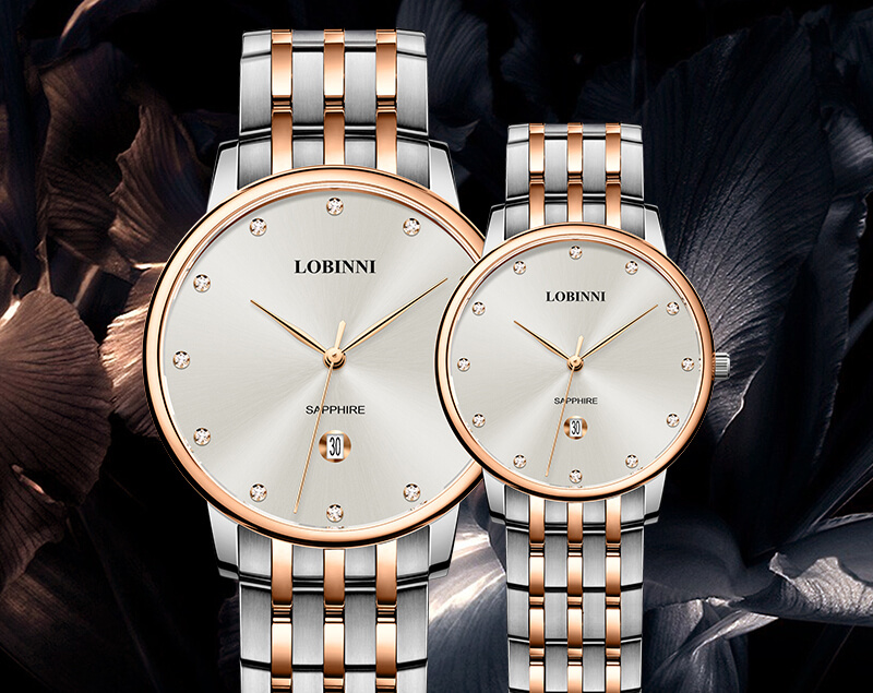 Đồng hồ đôi Lobinni L3010-1 chính hãng Thụy Sỹ ,Kính sapphire ,chống xước ,Chống nước 30m,mặt trắng vỏ vàng hồng dây kim loại thép không gỉ 316L,Máy điện tử (Quartz) ,Bảo hành 24 Tháng,thiết kế đơn giản ,trẻ trung và sang trọng