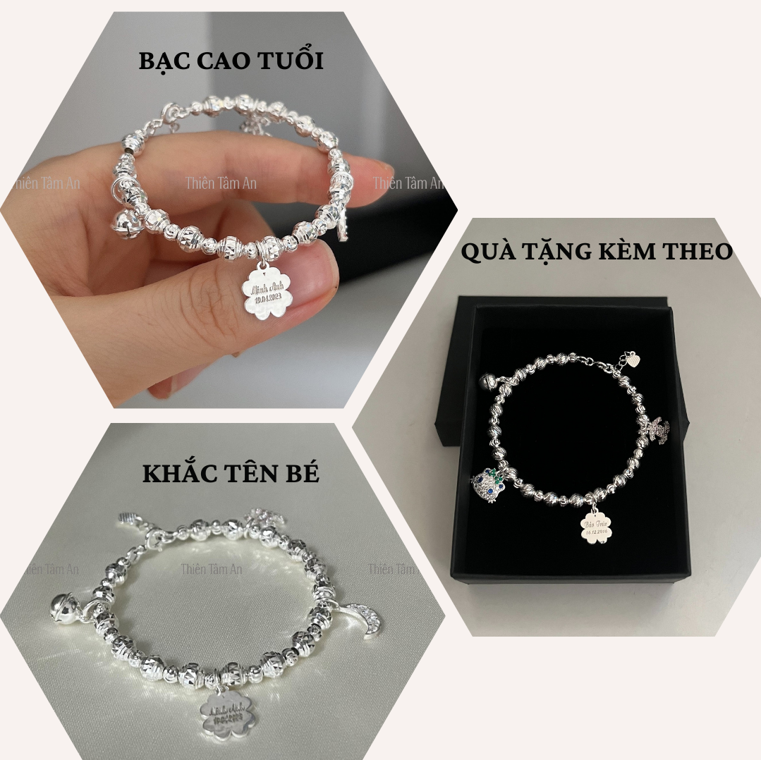 Vòng tay Bạc khắc Tên bé - Quà tặng sinh nhật, thôi nôi, đầy tháng ý nghĩa sang trọng - Lắc tay cỏ 4 lá TTA.VT050