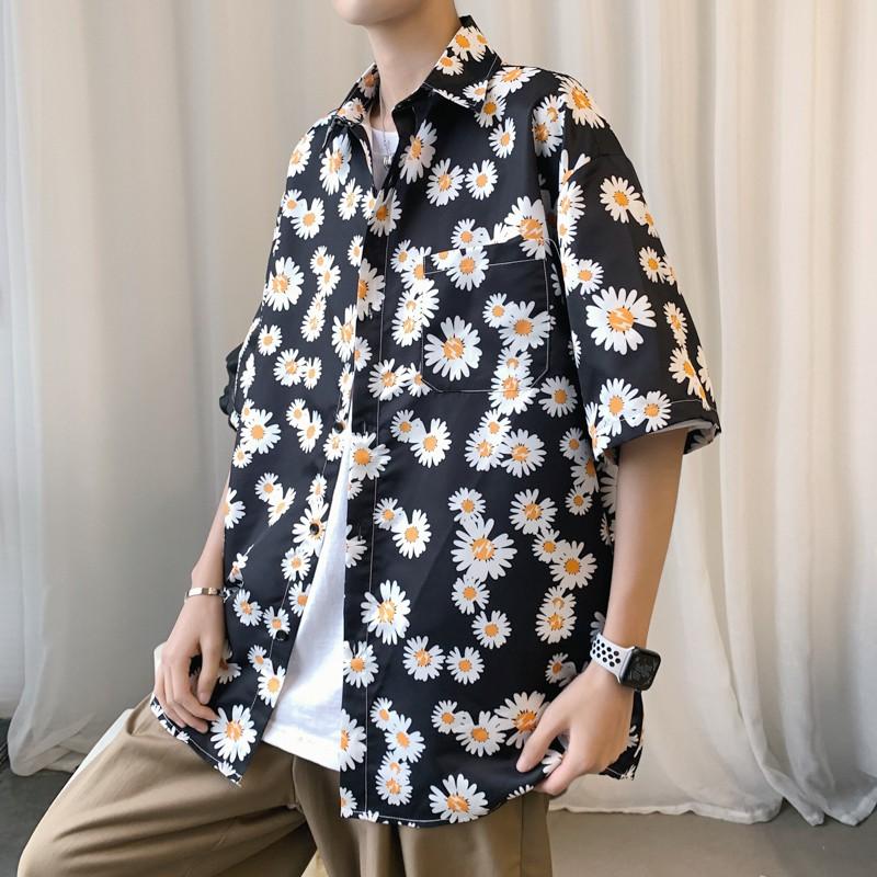 Áo sơ mi ngắn tay in họa tiết hoa cúc phong cách Hàn Quốc dành cho nam
