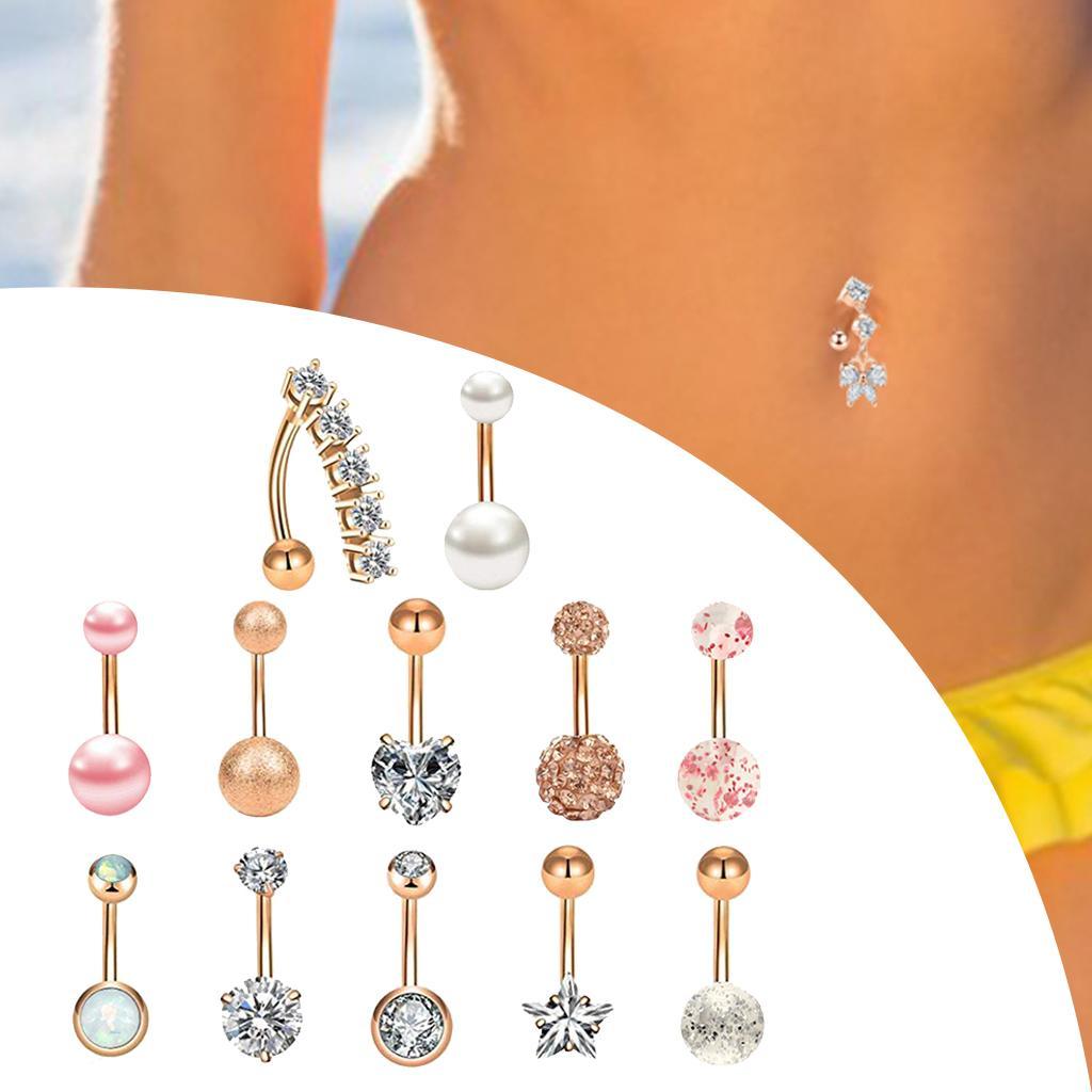 12 Pieces Belly Button Rings Jewelry Rhinestones Navel Rings Bars for Women