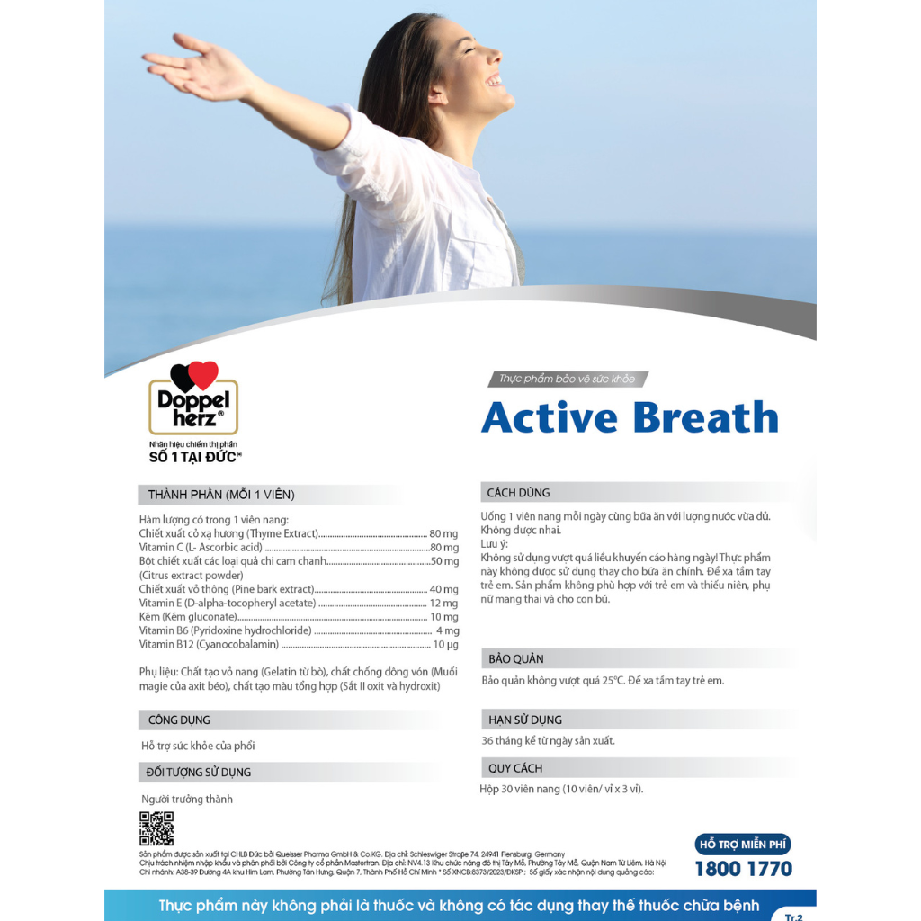 Viên uống bổ phổi Doppelherz Active Breath hỗ trợ tăng cường chức năng và bảo vệ phổi (Hộp 30 viên)