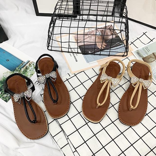 Sandal kẹp nơ đính đá đế gấu