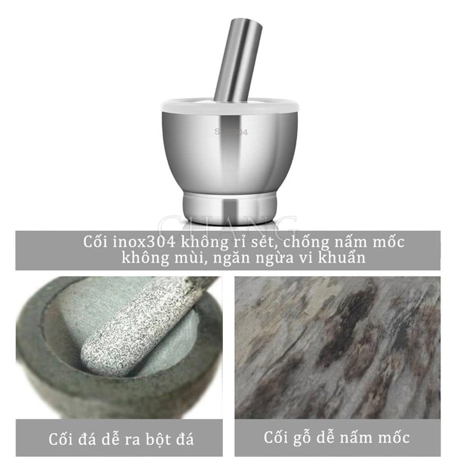 Bộ Chày Cối Inox 304 Có Nắp Đậy,  Chày Cối Nguyên Khối Dã Đồ Cực Nhuyễn Mịn Tiện Lợi Cho Gia Đình