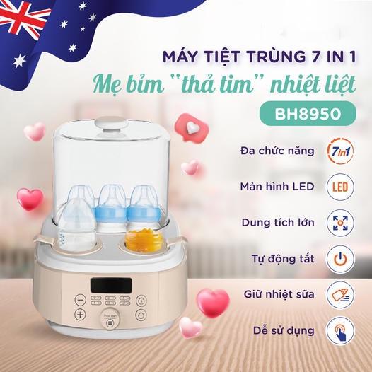 Máy hâm sữa tiệt trùng đa năng 7IN1 BioHealth BH8950 dung tích chứa 3 bình sữa, tự động tắt máy khi kết thúc