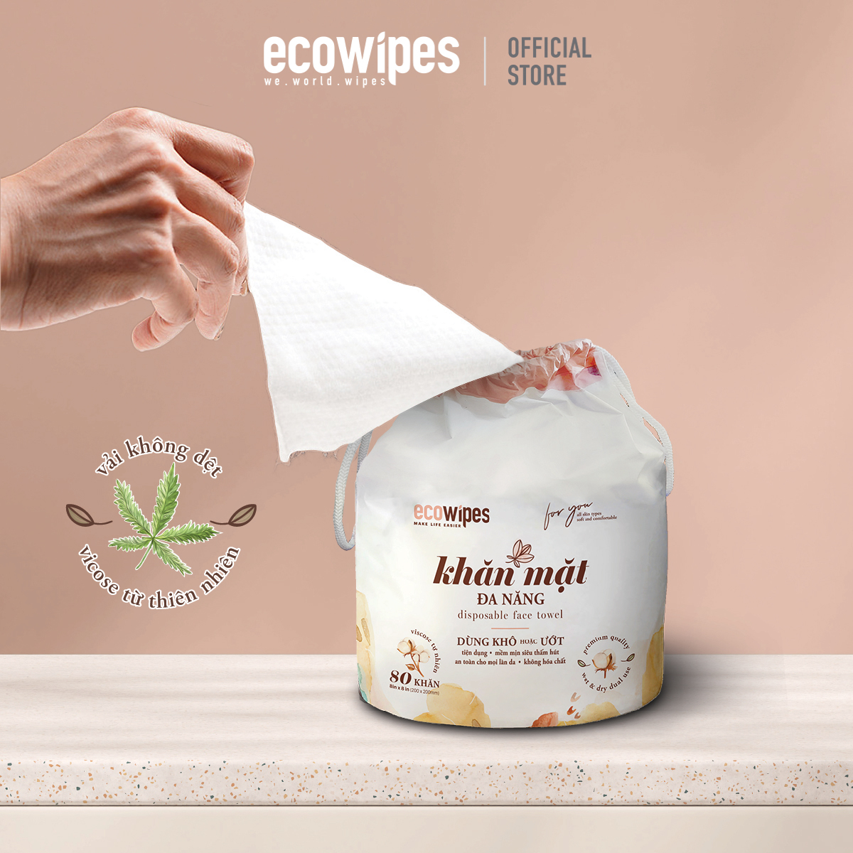 Combo 03 túi khăn mặt khô đa năng Ecowipes cuộn 80 tờ size khăn 20x20cm dùng 1 lần lau khô lau ướt giấy lau mặt dùng một lần