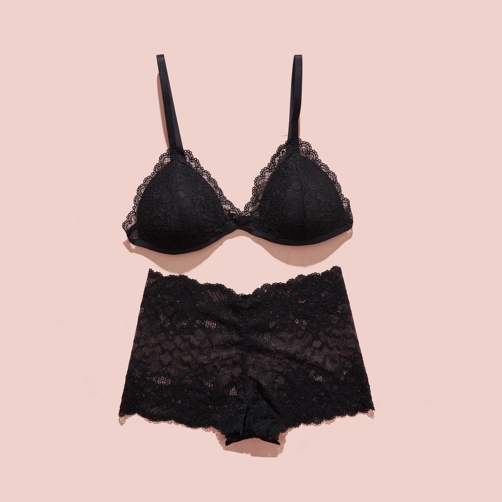 Set bralette ren hoa đen không gọng đệm mỏng kết hợp quần boxer thiết kế bởi Mebra MB037