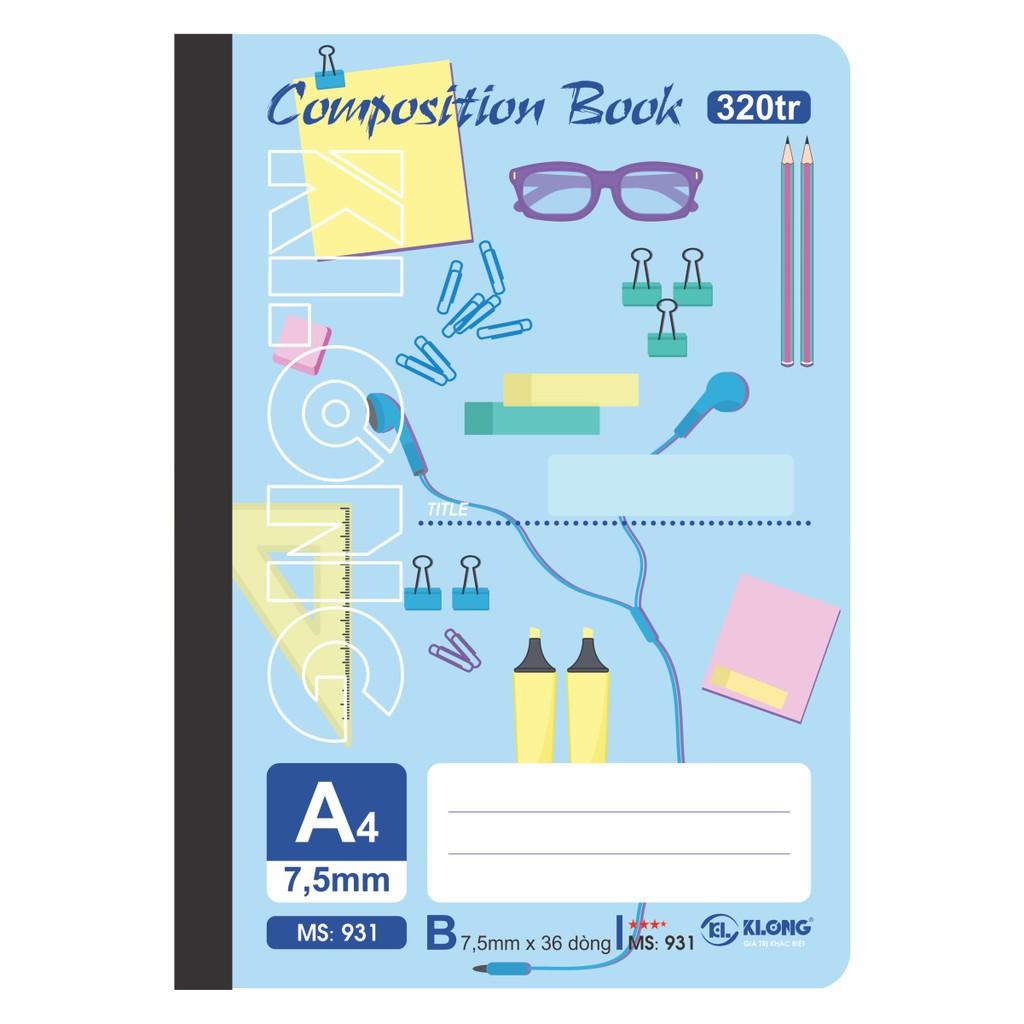 Sổ kẻ ngang may dán gáy Composition book KLONG A4 320 trang 58/92; MS: 931