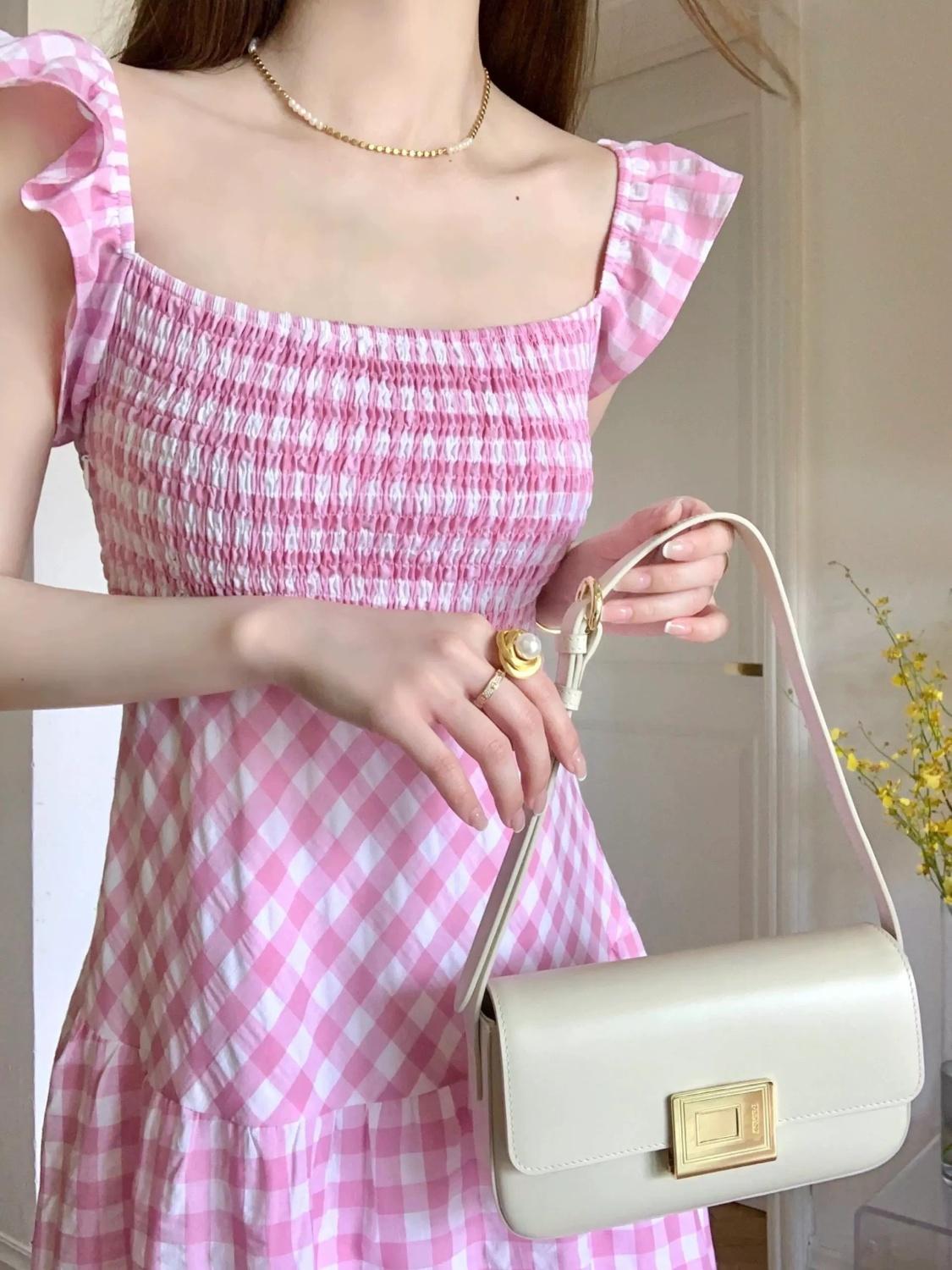 CHENGRUI Cao cấp bông màu hồng kẻ sọc ăn mặc cho phụ nữ Pháp retro nhỏ thiết kế cao cấp giảm tuổi váy dài dễ thương