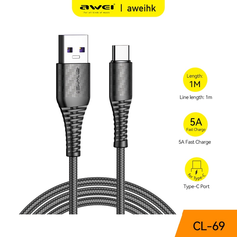 Dây cáp sạc truyền dữ liệu AWEI CL-69 USB Type-C 5A - Hàng nhập khẩu