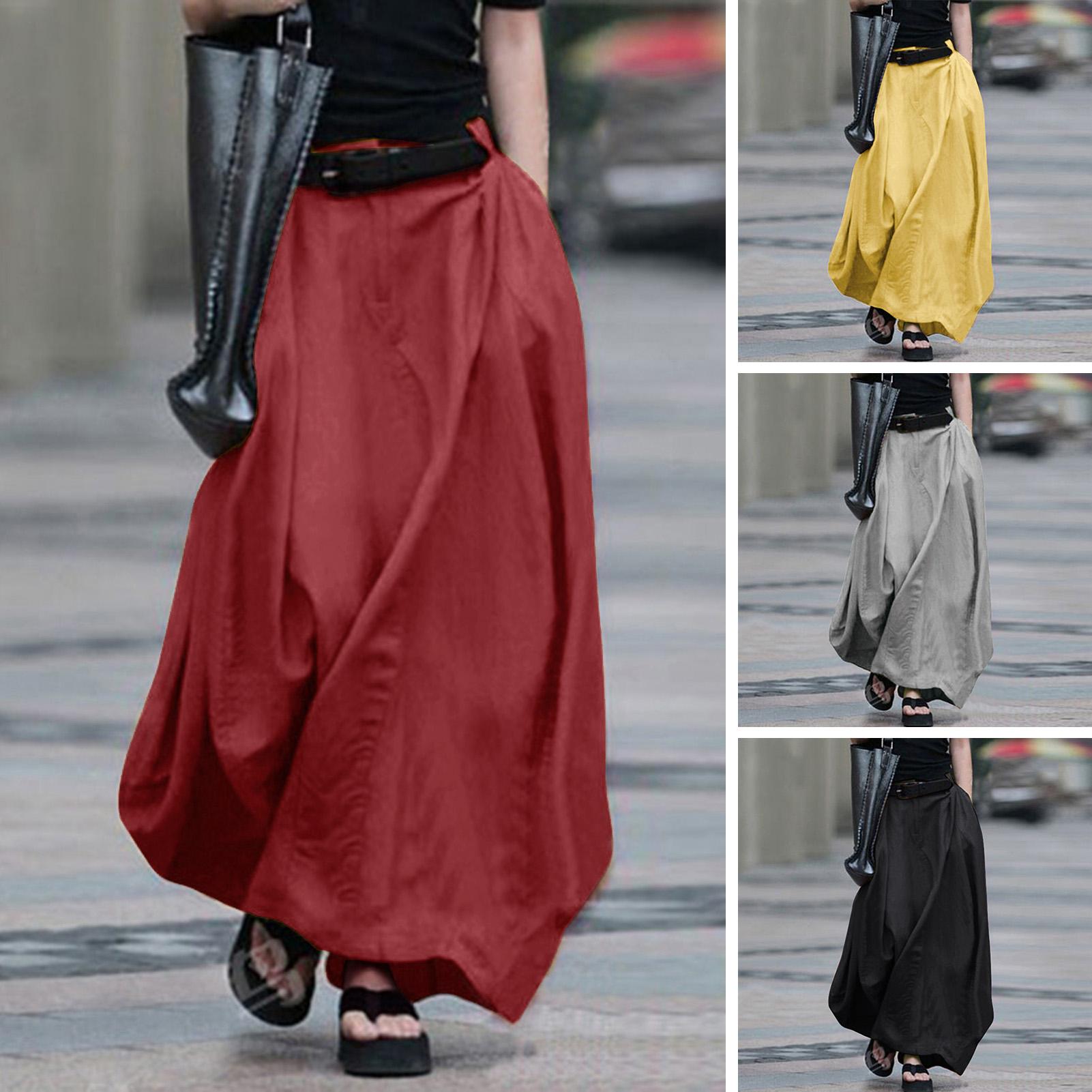 Women Long Skirt Elastic Waist Split Hem Pockets Soft Loose Solid Bottom Ankle-length A-Line Skirt