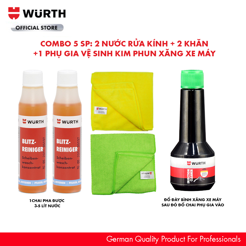 Combo Wurth 2 Nước Rửa Kính Tiện Dụng 2 Khăn Và 1 Phụ Gia Vệ Sinh Kim Phun Xe Máy Siêu Tiết Kiệm