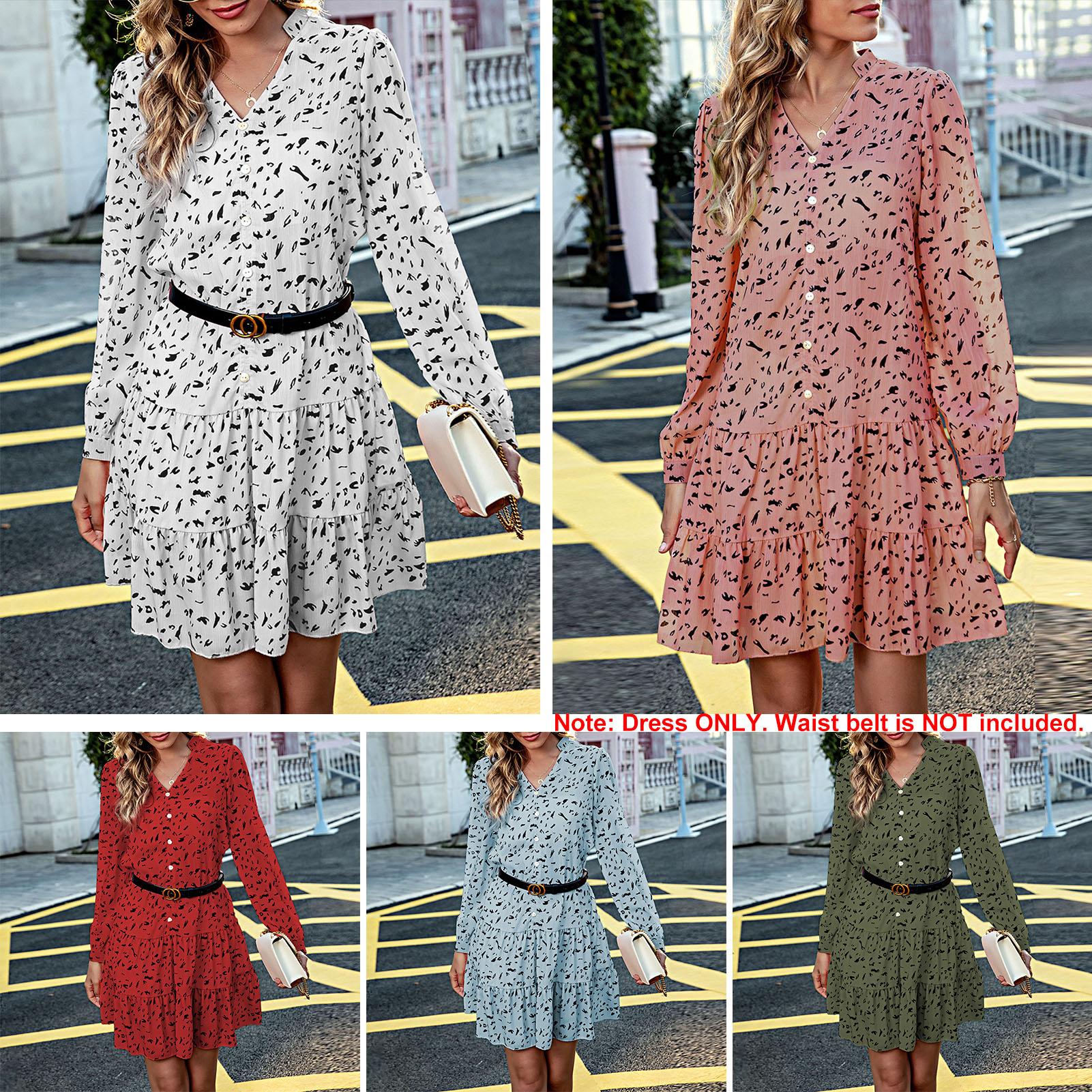 Women Long Sleeve Mini Dress Print V Neck Flared Holiday Spring Summer A-Line Casual Dress