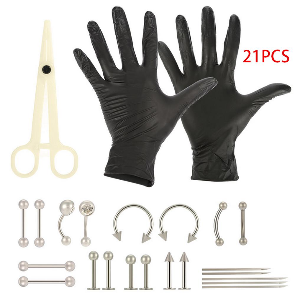 21pcs Body Piercing Jewelry Kit Stainless Steel Body Art Tools for Nose Tragus Belly Tongue Lip Needles Piercing Bar