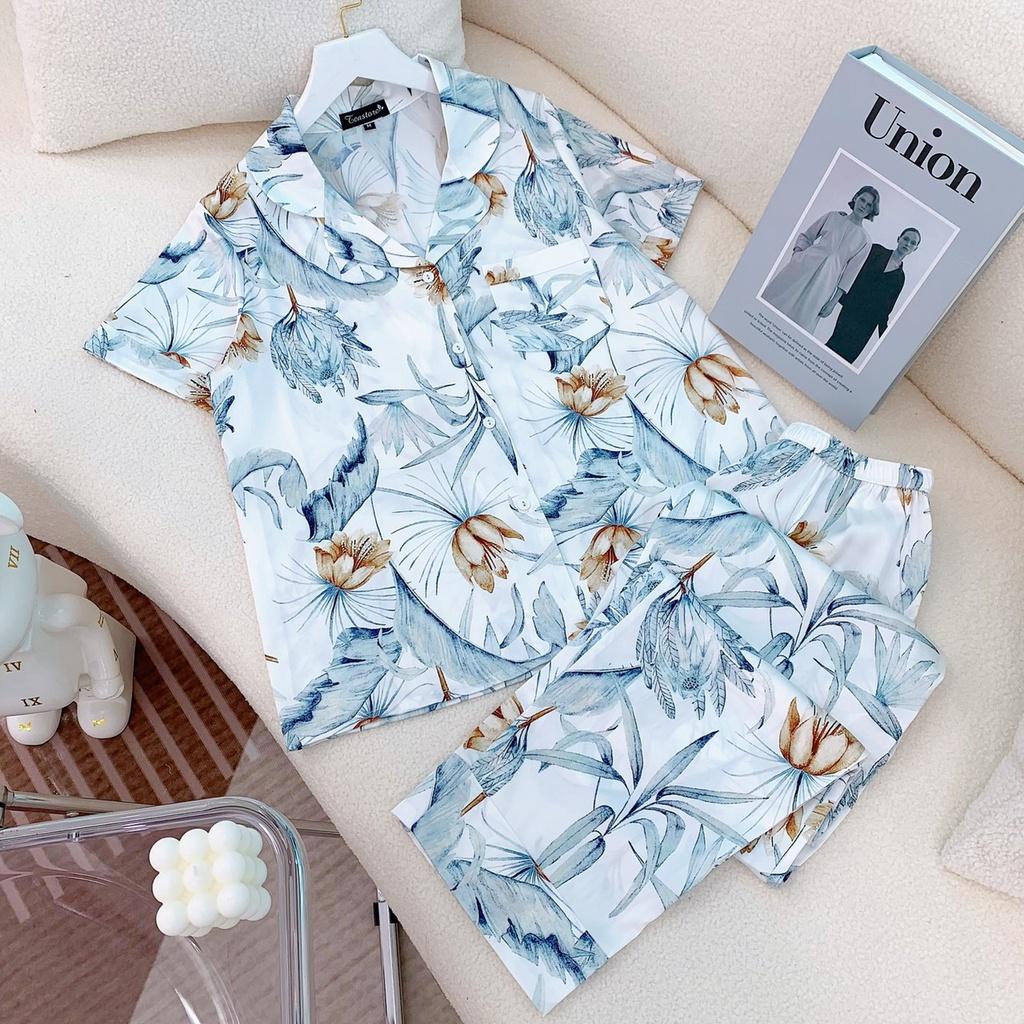 Bộ Mặc Nhà Pyjama Lụa Cao Cấp Tea Store Tay Ngắn Quần Dài Họa tiết Hoa nâu lá xanh 2022