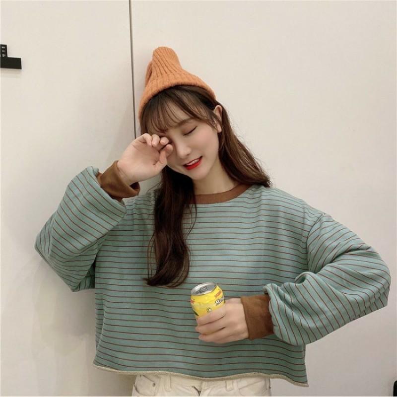 Áo croptop nỉ da cá kẻ ngang dài tay