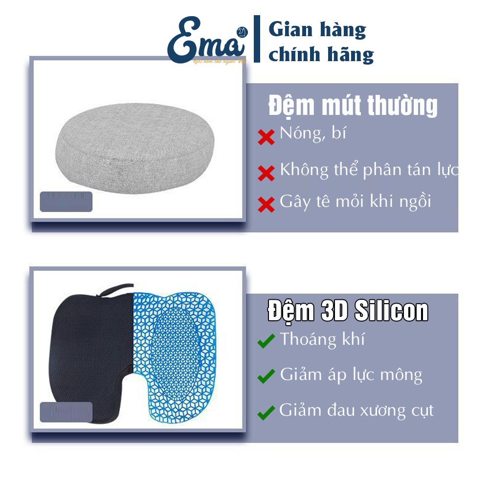 Đệm ngồi 3D Silicon EMA thế hệ 3 cao cấp - Cấu trúc tổ ong thông minh - Chống đau mỏi trĩ, xương cụt, thâm mông, xệ mông cho dân văn phòng, lái xe, sinh viên