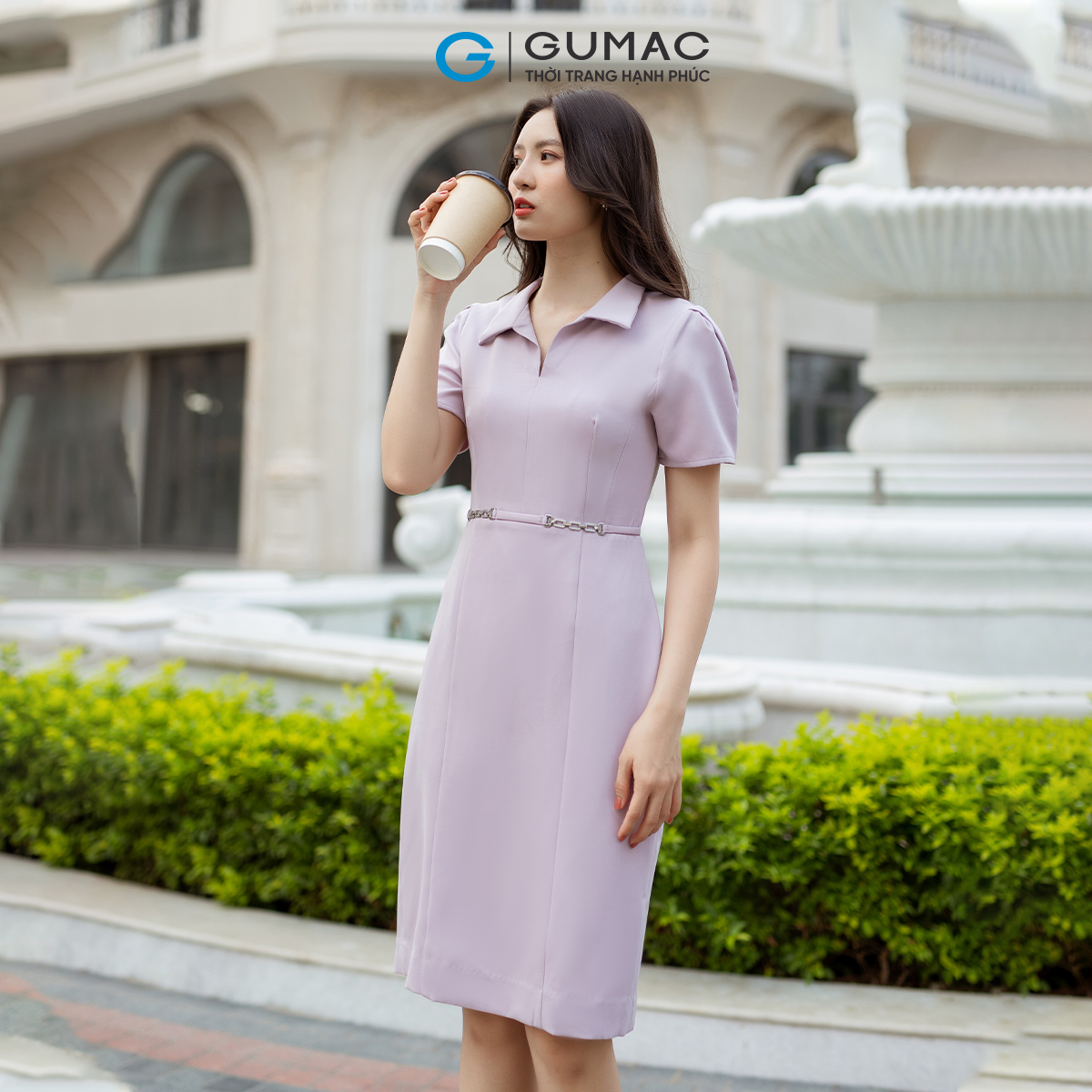 Đầm bút chì tay ngắn cổ V khoen eo thanh lịch sang trọng GUMAC DD07066