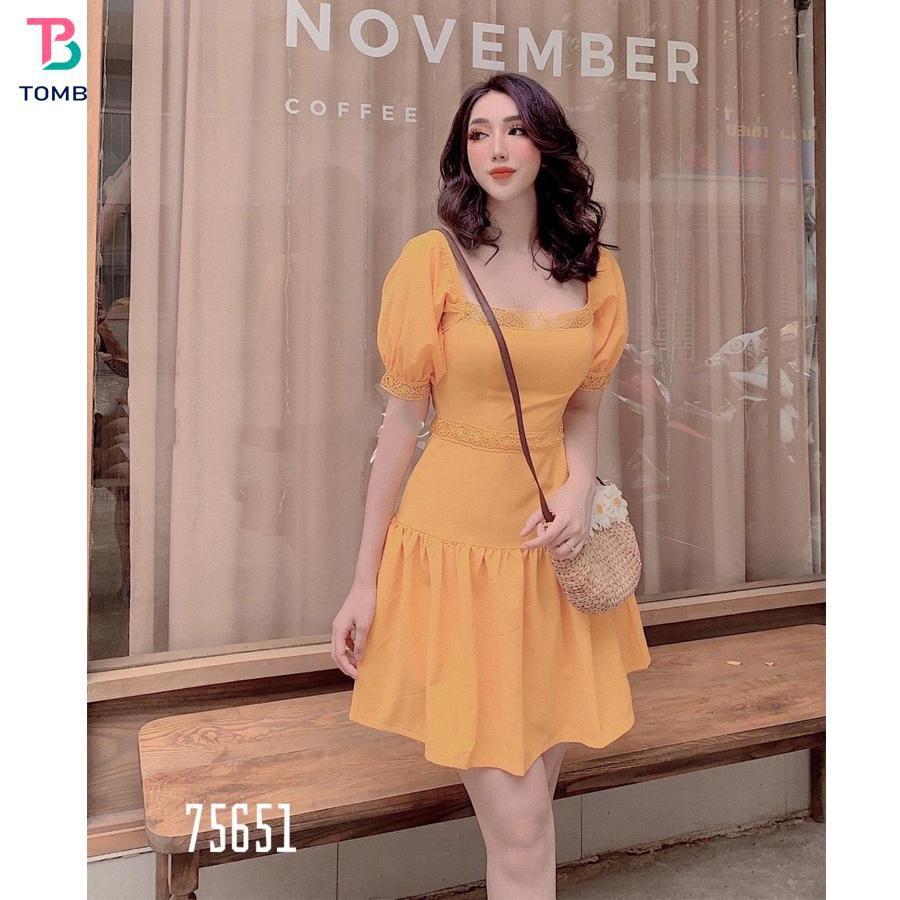 Váy đầm nữ dáng xòe tay phồng phối viền ren siêu xinh chất umi mềm mịn co dãn thoải mái khi mặc thích hợp đi tiệc AM