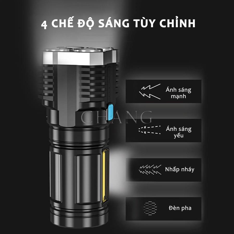 Đèn Pin Cầm Tay Chiếu Xa Siêu Sáng 4 Bóng 4 Chế Độ, Sạc USB Tiện Dụng Mang Theo Du Lịch