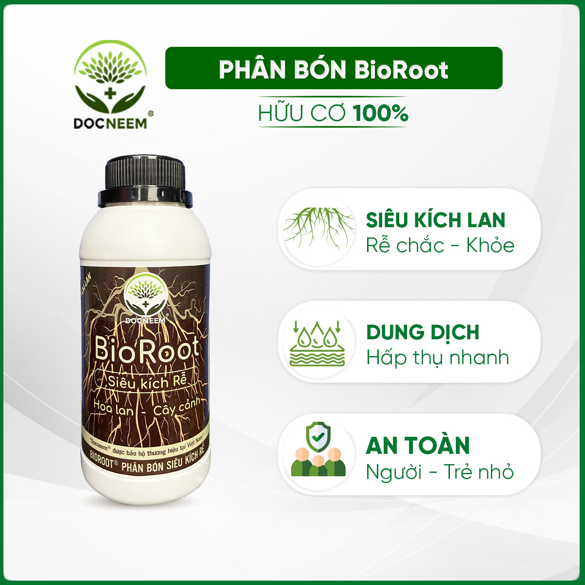 Phân bón siêu kích rễ cây cảnh, hoa lan BioRoot, giúp kích rễ cây mọc nhanh, cây khỏe mạnh, dùng cho cả vườn ươm cây non, an toàn cho cây và người, dung tích 500ml thương hiệu chính hãng Docneem