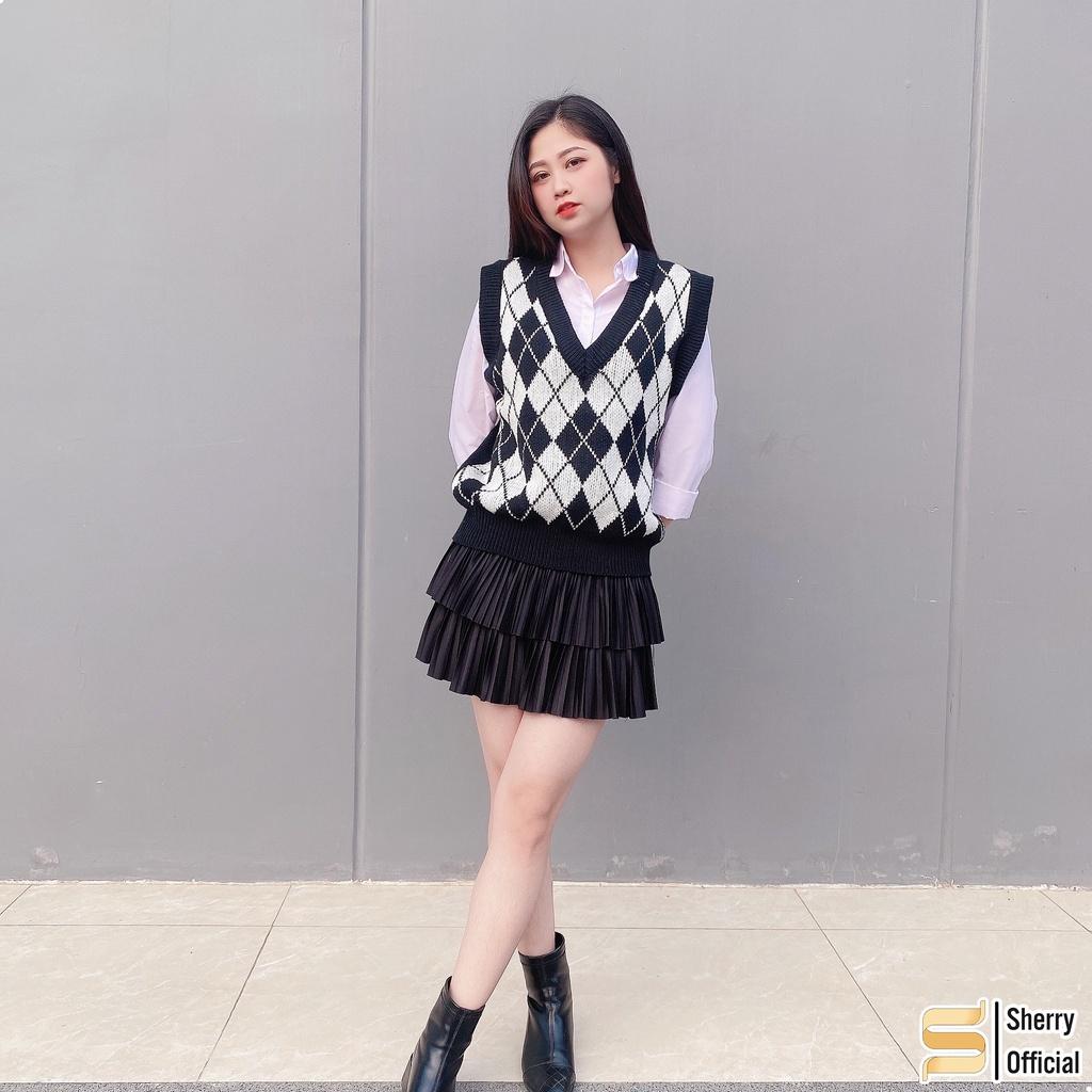 Áo len gile nữ hoạ tiết caro