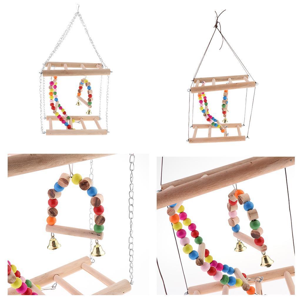 Bird Wooden Ladder Parrot Swing Cage Activity Toys with Bell