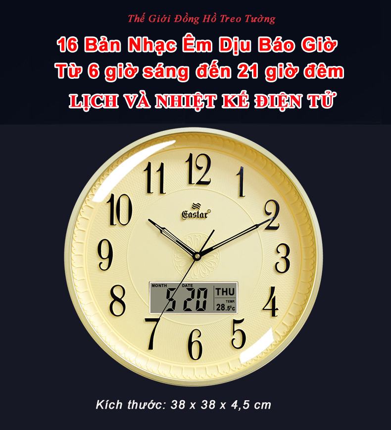Đồng hồ NHẠC CHUÔNG Báo Giờ EASTAR Kim Trôi Nhật có 16 ĐIỆU NHẠC Báo Giờ - LỊCH Vạn Niên và NHIỆT KẾ Điện tử - Mặt Tròn Viền Mỏng - Tặng 4 Pin Maxell - BH 1 Năm