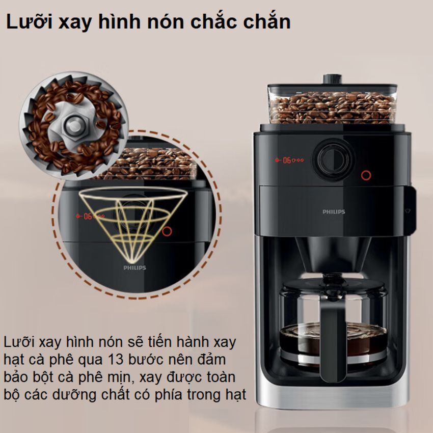 Máy pha cà phê, kèm xay hạt tự độn Philips Thương hiệu Hà Lan cao cấp HD7761/00 - Bảo Hành 24 Tháng, Hàng Nhập Khẩu
