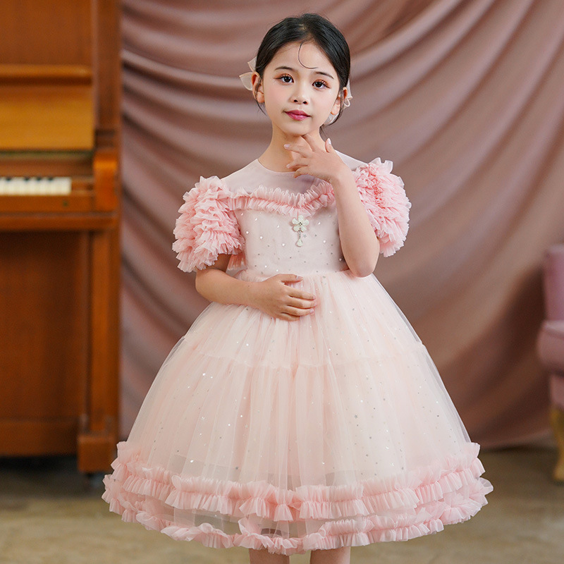 Đầm voan công chúa cho bé gái màu trắng hồng dự tiệc đẹp size 15-35kg hàng Quảng Châu cao cấp
