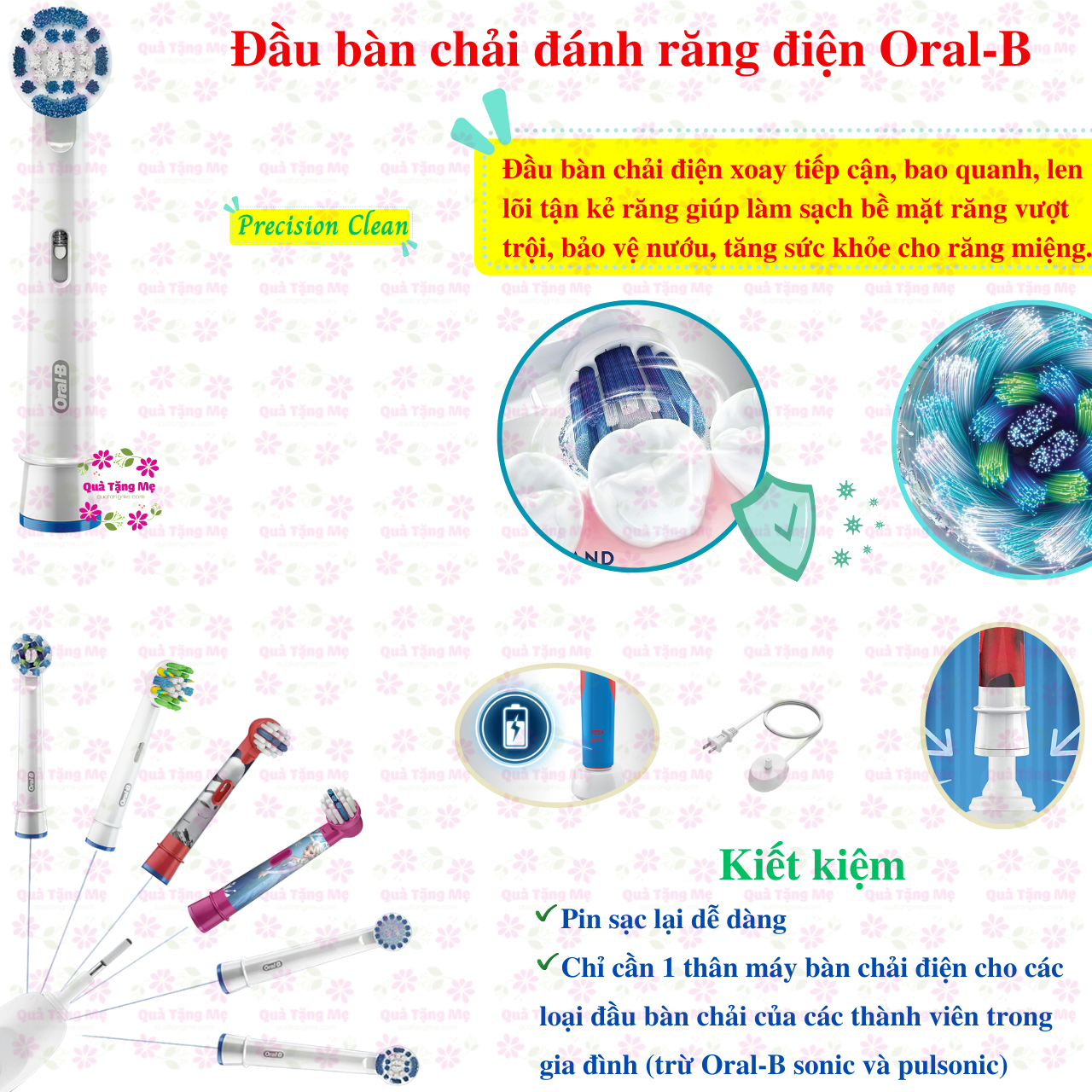 Bàn chải điện, đầu bàn chải oral b - Làm sạch răng, phòng sâu, sạch sẽ bề mặt răng, kẻ răng, đường viền nướu. Răng miệng sạch, khỏe mạnh và thơm tho tự tin khoe nụ cười rạng ngời - QuaTangMe Extaste