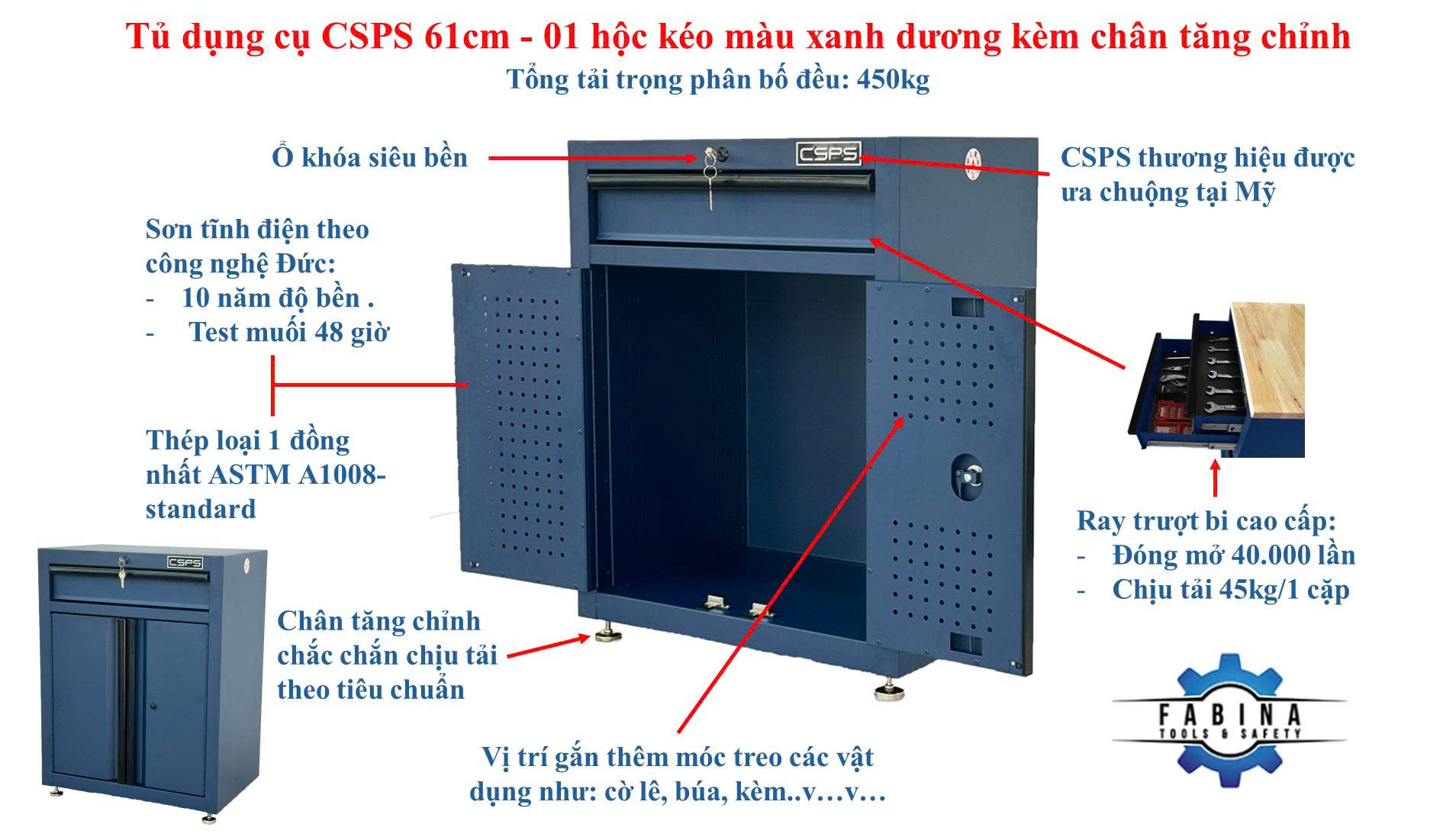 Tủ Dụng Cụ CSPS 61cm - 01 Hộc Kéo Màu Xanh Dương Chân Tăng Chỉnh