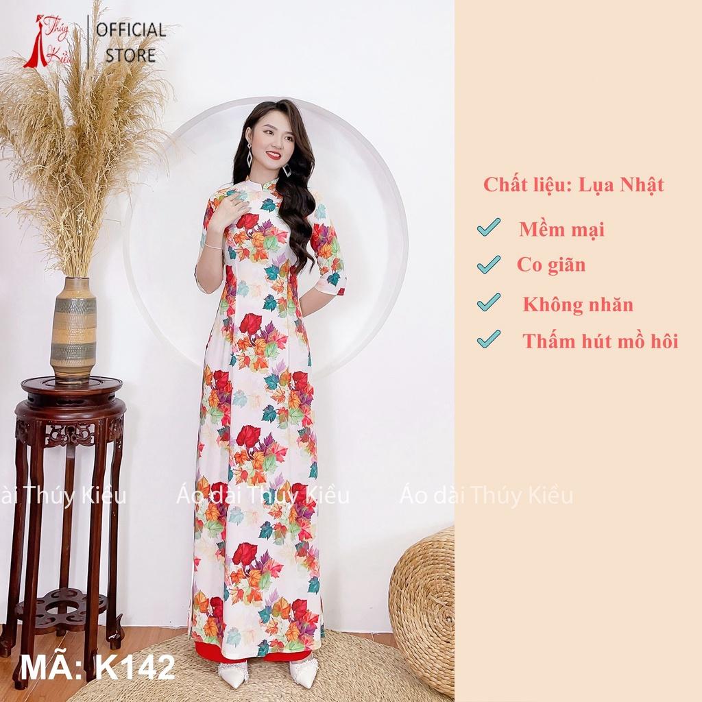 Áo dài nữ may sẵn thiết kế đẹp cách tân tết nền trắng lá nho K142 Thúy Kiều mềm mại, co giãn, áo dài giá rẻ